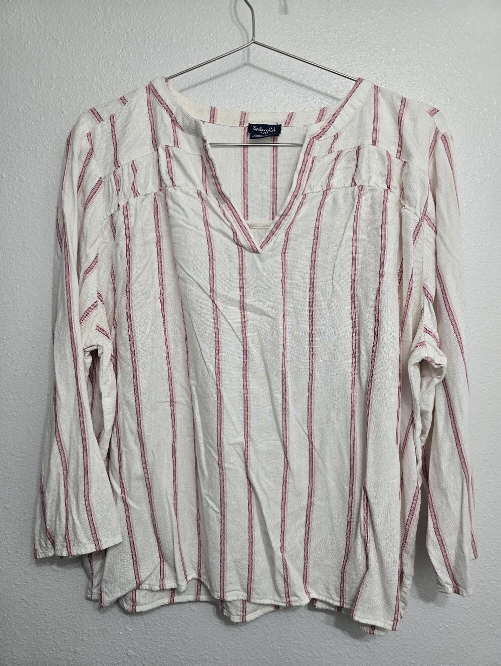 Splendid Cream Pink Vertical Striped Split V-Neck Blouse Top XL